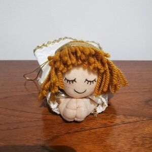 Plush praying angel ornament, christmas holiday decor, white and gold dress